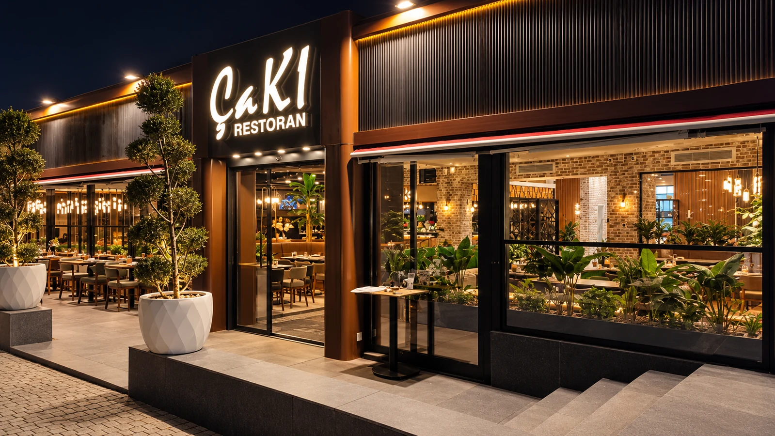 Çakı Restoran’ın Başakşehir’deki ışıklandırılmış girişi ve camlarla çevrili yemek alanı